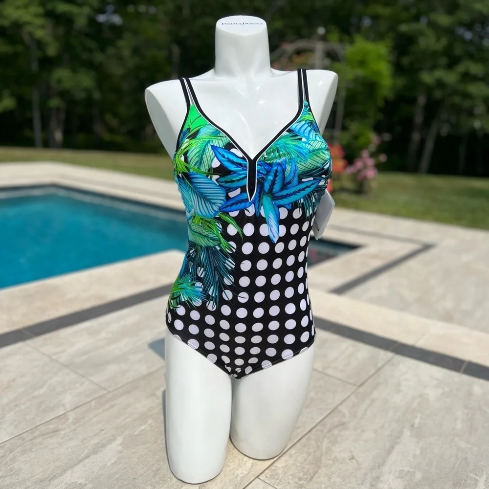 ‼️SALE ‼️ NWT One Piece Swimsuit By Sunflair polkadot with palm print Size 14